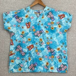 MHD Scrubs Top Womens Medium 10-12 Blue Bears Bees Healthcare Uniform Nursing